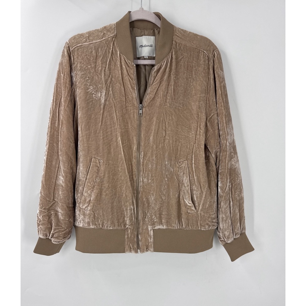 Madewell tan crush velvet, zip front bomber jacket M